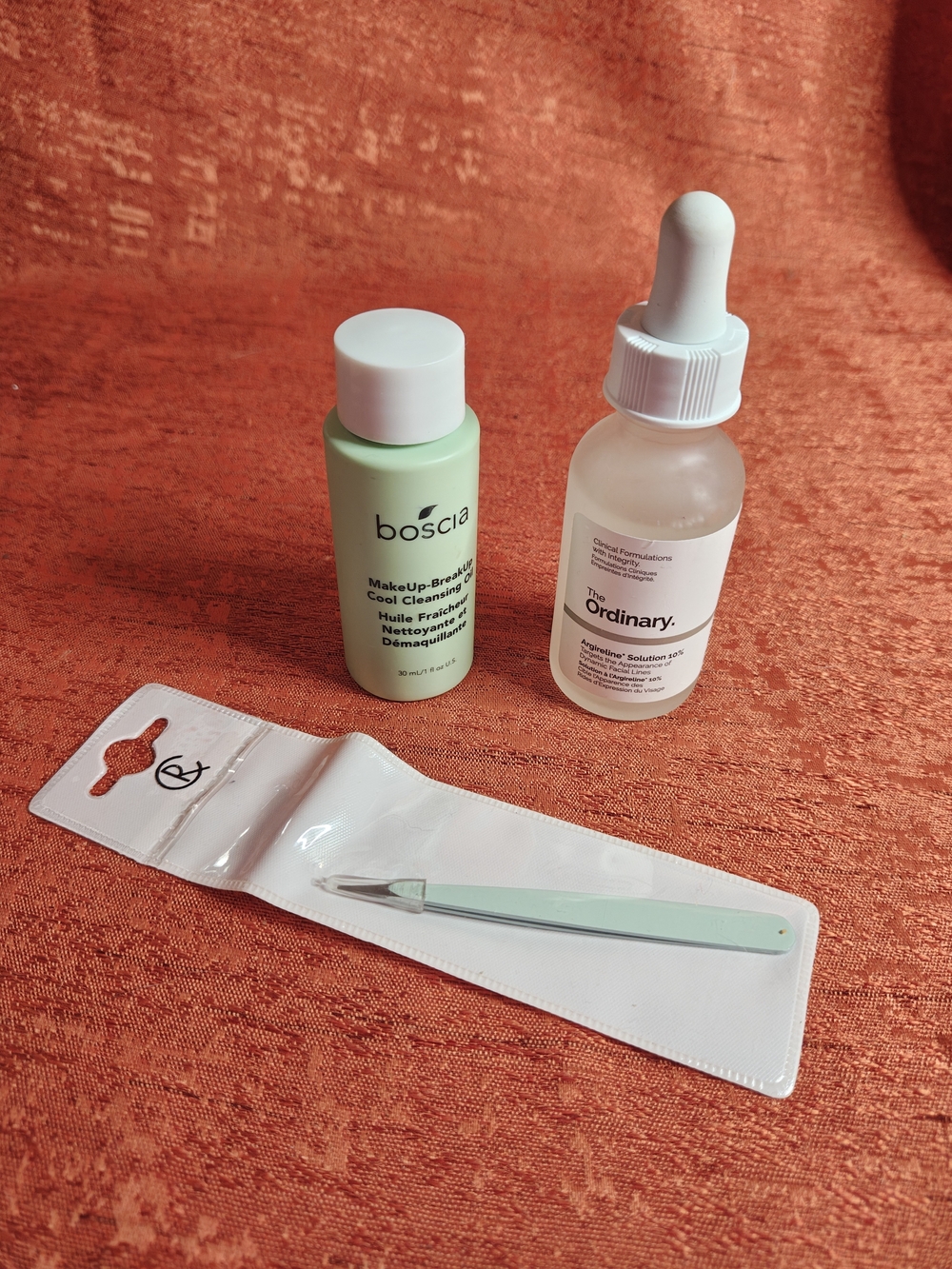 Boscia  Cleansing Oil, The Ordinary Argireline 10%, Tweezers